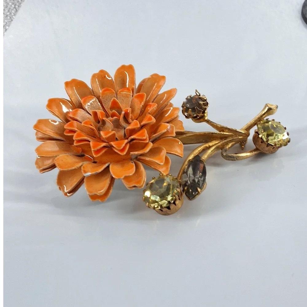Vintage 1960s Orange Enamel Flower Brooch Large Mod Poppy‎ Rhinestone Gold Tone